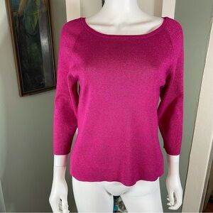 Worthington Metallic Glitter Fuchsia Pink Neck Sweater Top 3/4 Sleeves Large L